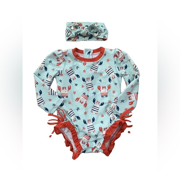 Caden Lane Other - Caden Lane Size 18-24 Months Red, White, Blue Crab Swimsuit & Bamboo Headband